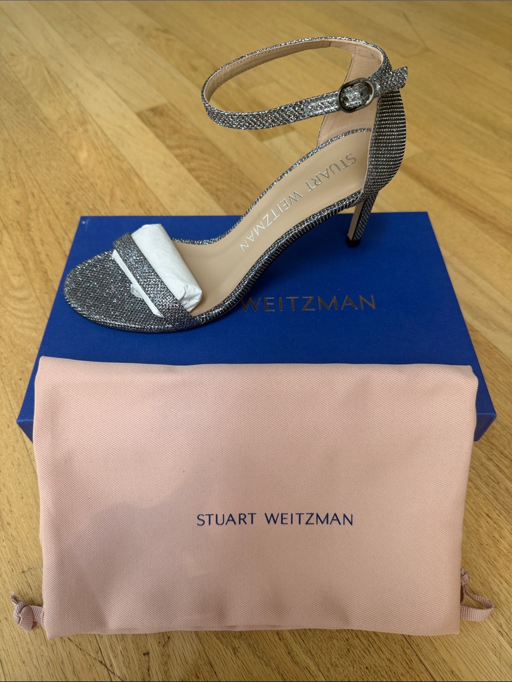 NIB: Stuart Weitzman Nu Naked Ankle-Strap Heels in Gunmetal, sz. 8.5C (wide)